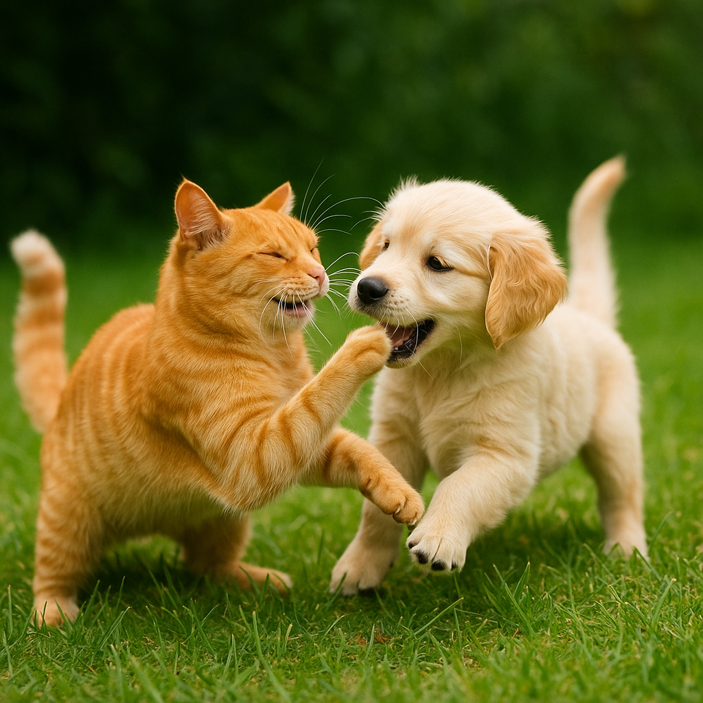 강아지와 고양이가 놀고 있는 이미지