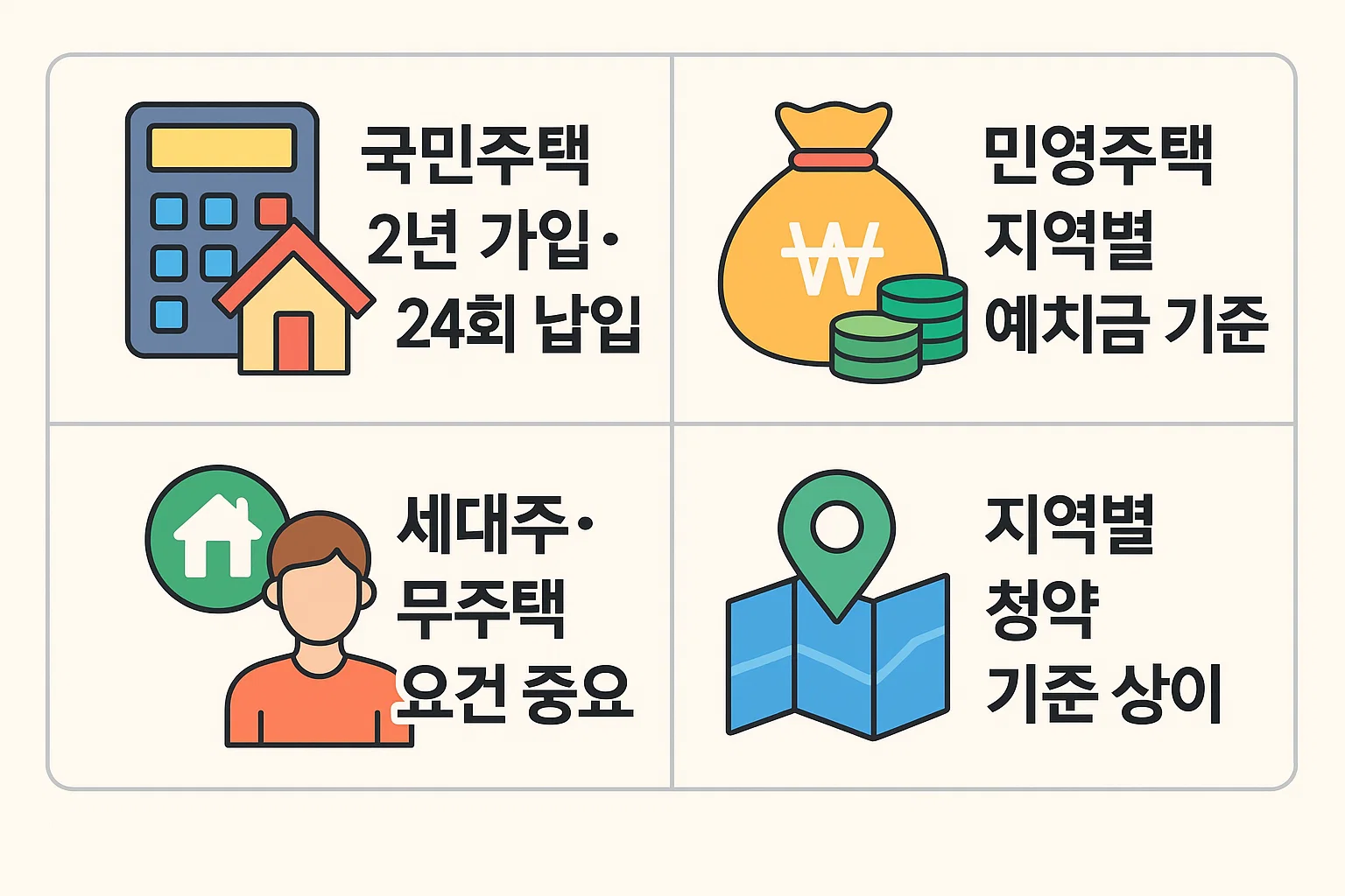 국민주택과 민영주택의 1순위 청약 조건을 비교하며 가입기간, 납입횟수, 예치금 기준을 한눈에 볼 수 있는 청약통장 인포그래픽