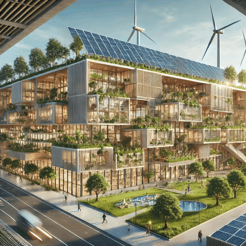 태양광 패널과 수목을 심은 친환경적인 건물의 이미지