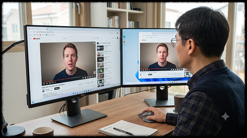유튜브 싱크 문제가 특정 브라우저에서만 발생하는지 Chrome과 Edge로 비교하는 모습