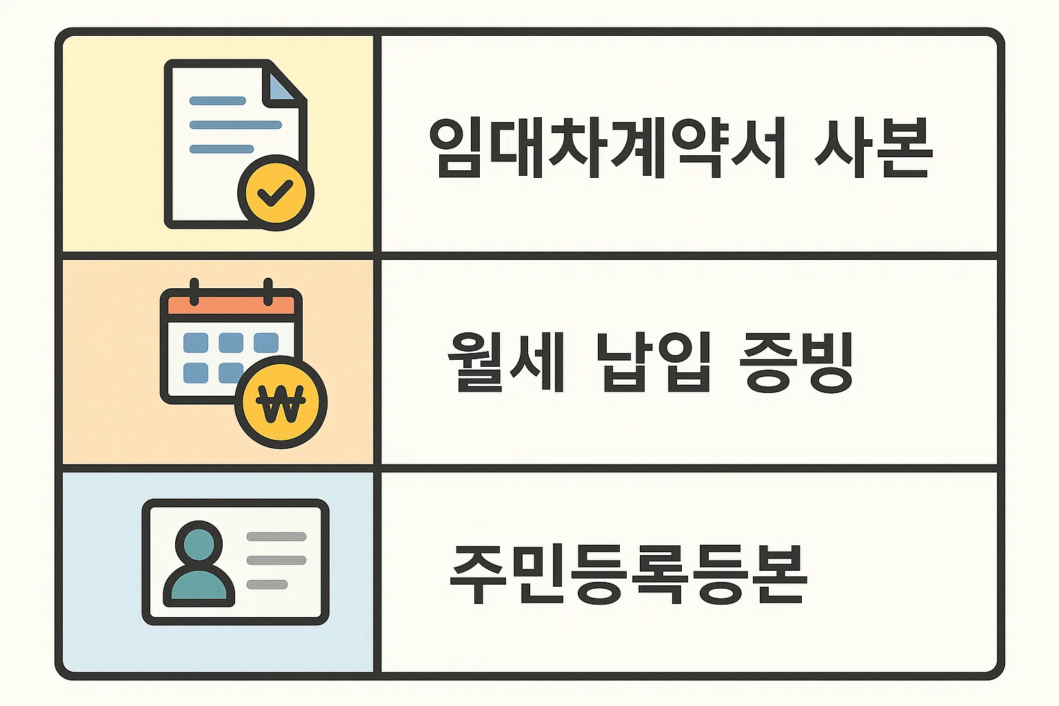임대차계약서 사본, 월세 납입 증빙, 주민등록등본 등 월세 소득공제에 필요한 제출서류를 한눈에 볼 수 있도록 구성한 체크리스트형 인포그래픽