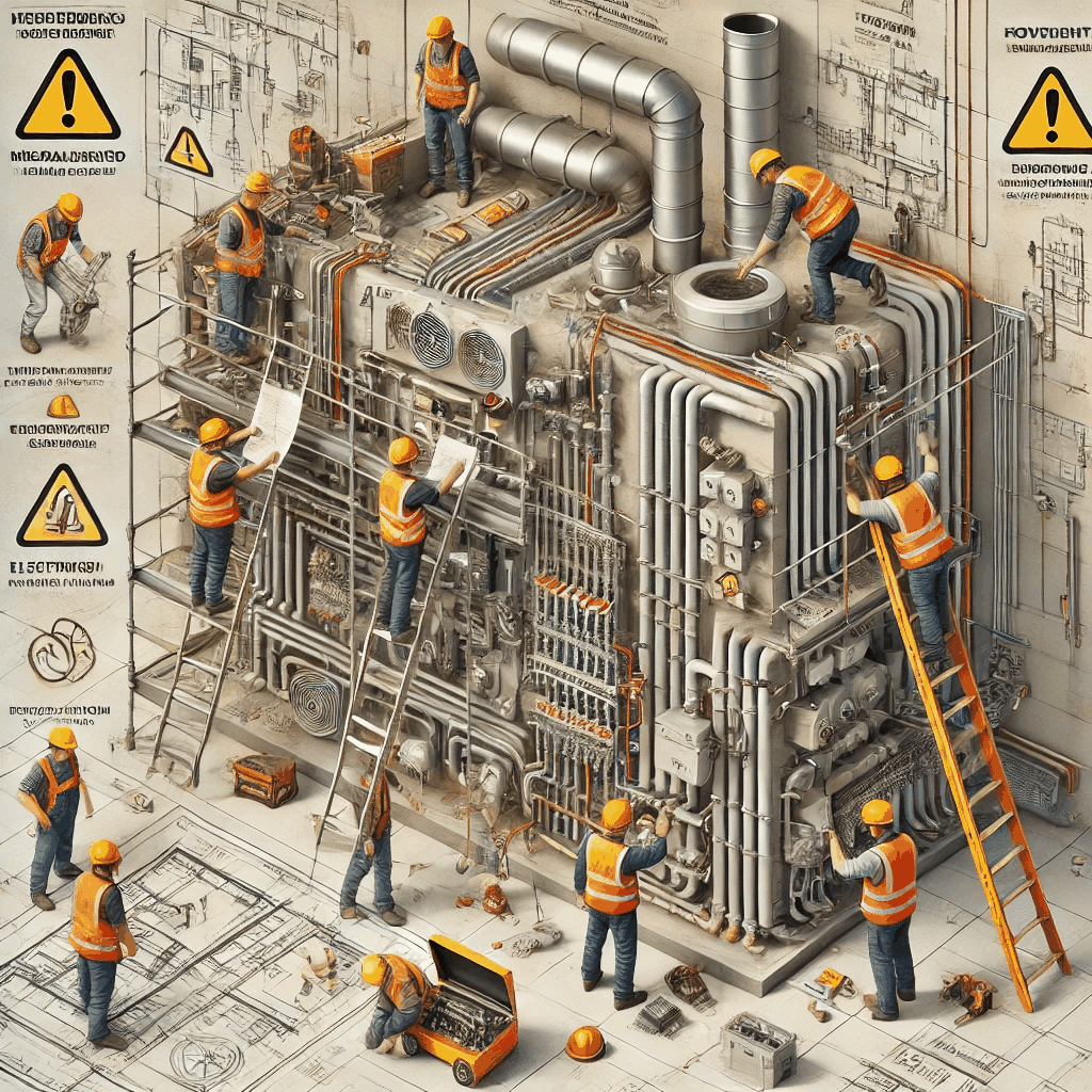 건축 설비 시공에서 흔히 발생하는 실수와 이를 수정하는 작업자들의 모습을 보여주는 이미지