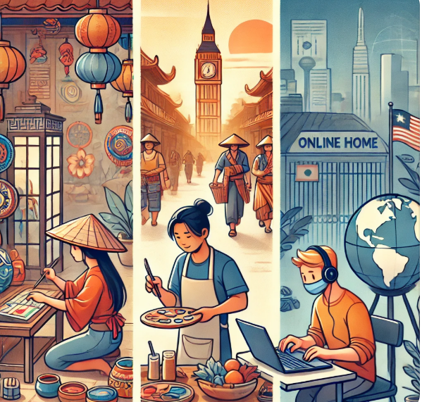 디지털 노마드, 수공예 , 컴퓨터를 하는 3개의 분할 된 그림