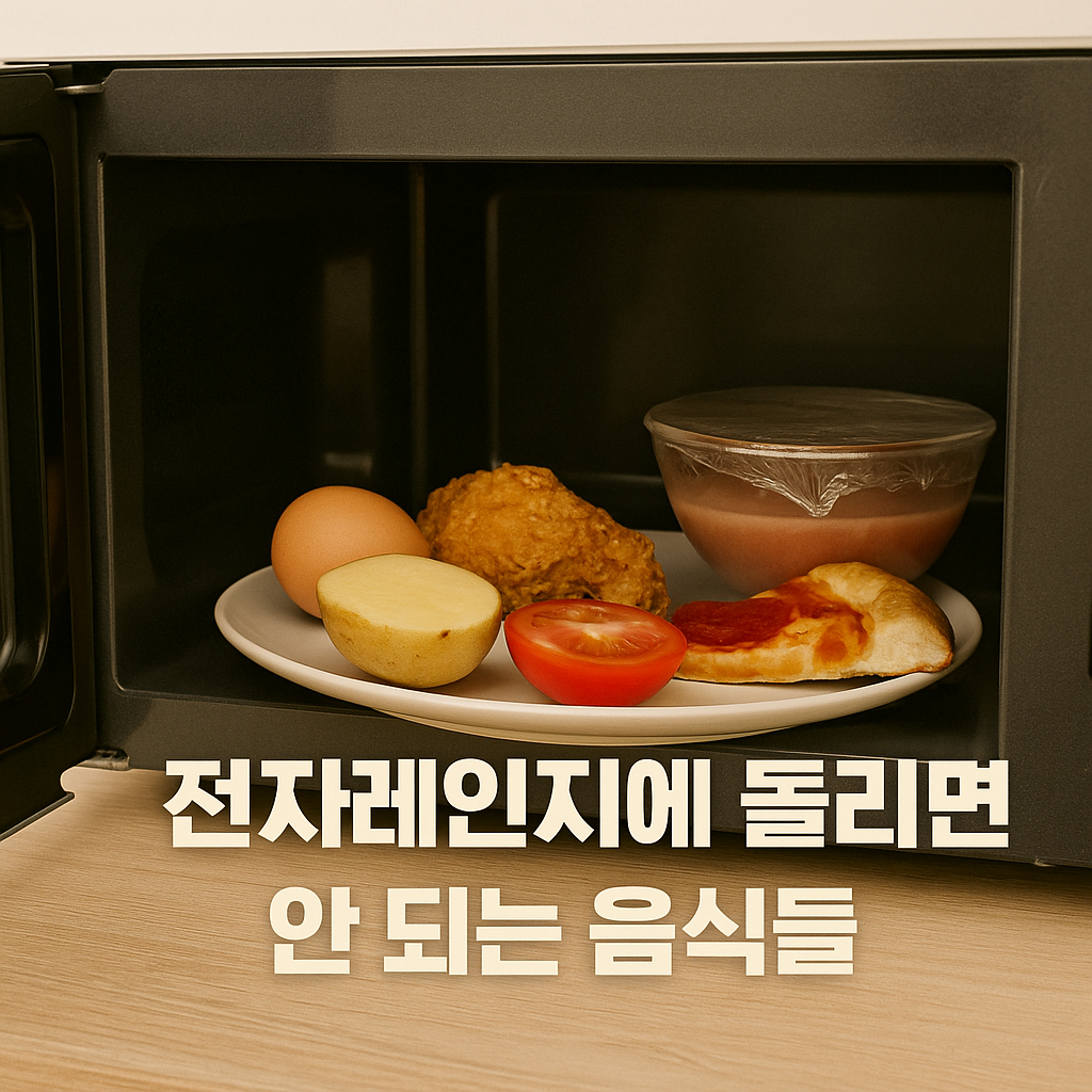 전자레인지에 계란과 마늘, 고추, 소시지 등이 놓여 있는 장면. 전자레인지 조리 금지 식품의 예시를 실사 스타일로 표현