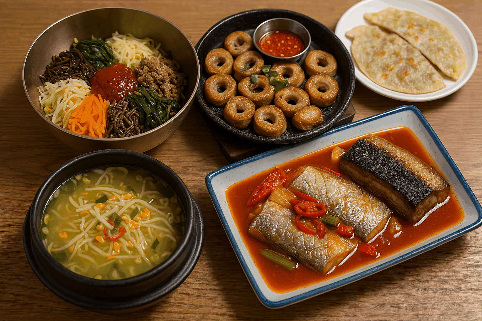 한국 전통 음식인 전주 비빔밥, 콩나물국밥, 대구 막창과 납작만두, 제주 흑돼지와 갈치조림이 정갈하게 담긴 한 상차림
