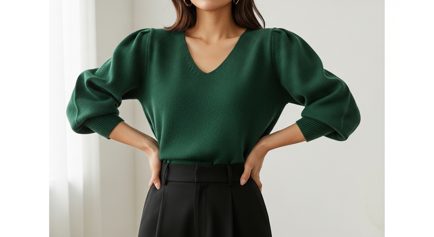 어깨가 넓은 여성이 V넥의 차분한 퍼프슬리브 니트와 슬림한 하의를 매치하여 날씬해 보이는 코디