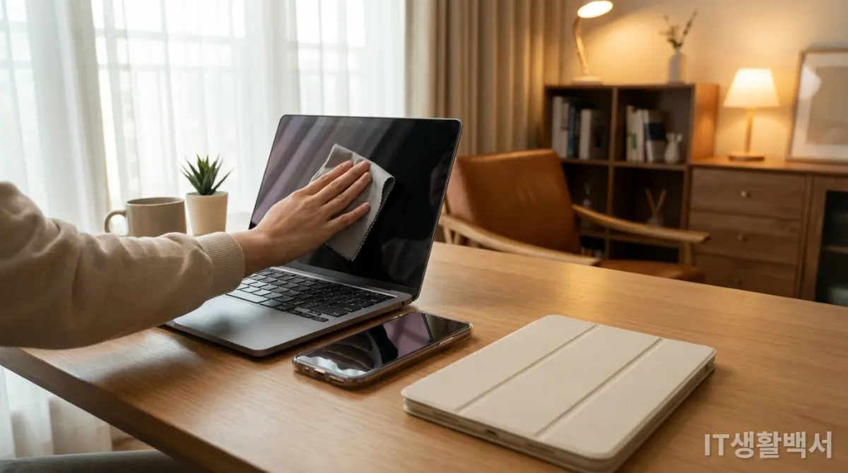 중고 IT 기기를 청소하고 관리하는 모습