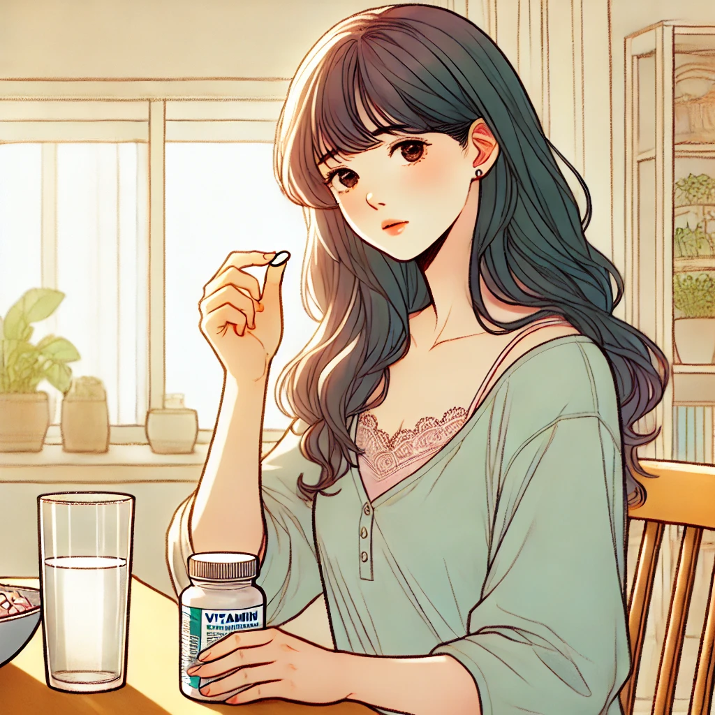 영양제를 공복에 먹을지, 식후에 먹을지 고민하는 여성