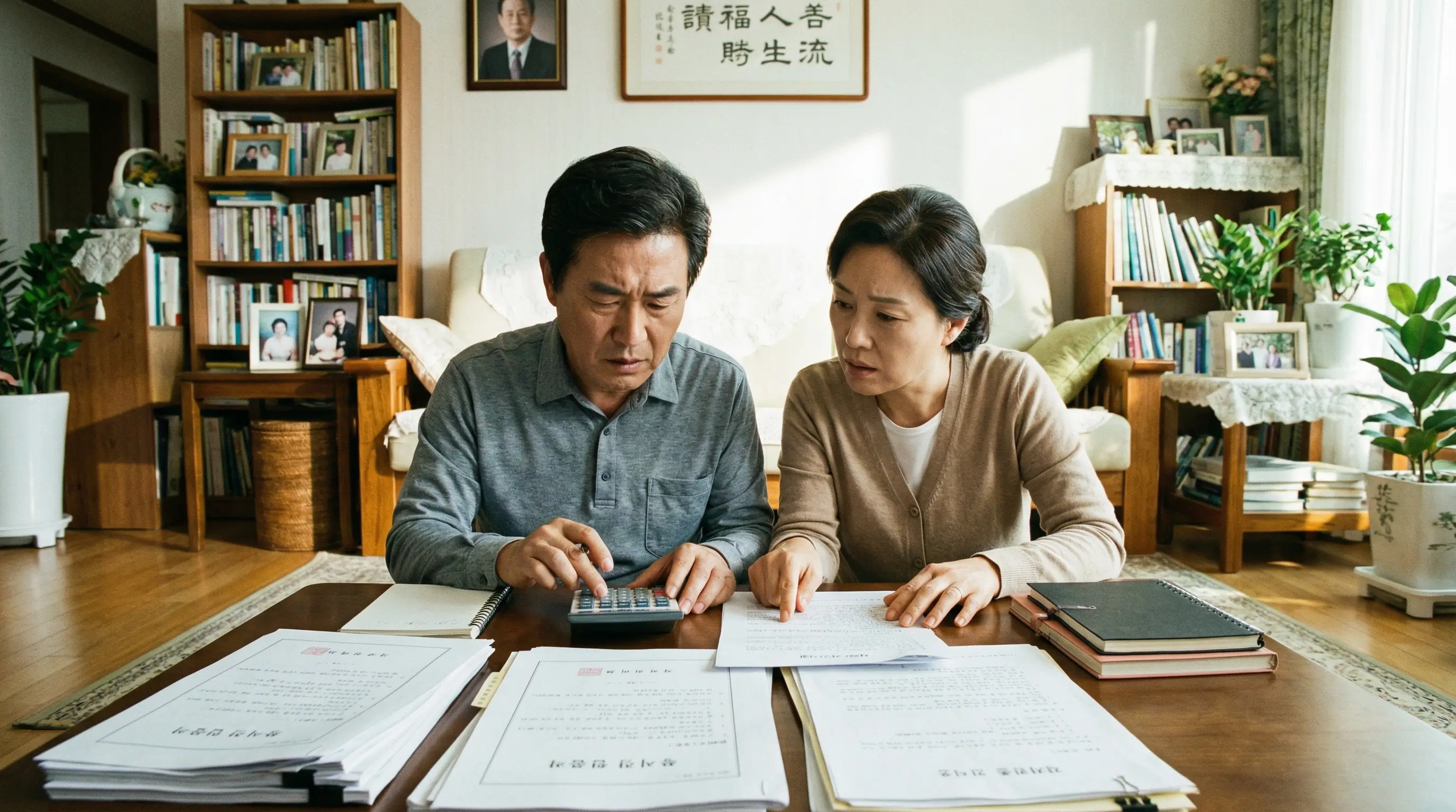 한국인 중년 부부가 거실 테이블에서 상속과 증여 관련 서류를 펼쳐놓고 계산기를 두드리며 진지하게 상의하는 모습