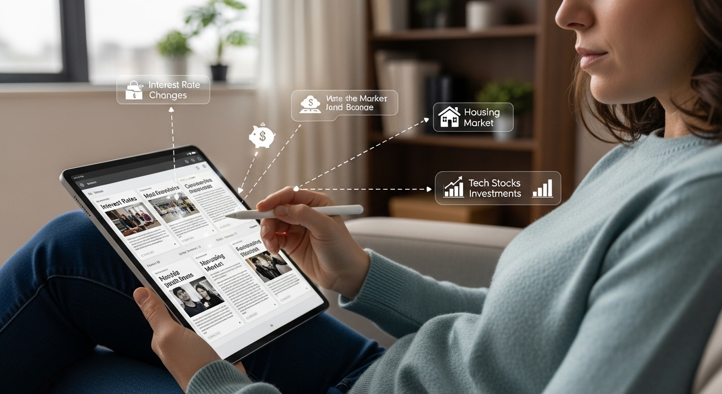 경제 뉴스가 개인의 재정 목표에 미치는 영향을 분석하며 미래를 계획하는 사람.