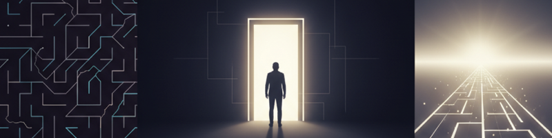 스본스도 공부 방법을 상징하는 문 앞에 서있는 남자의 이미지