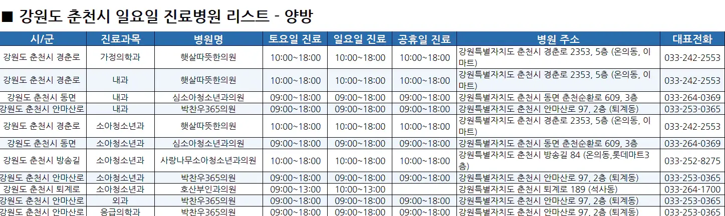 강원도-일요일-진료병원-리스트-예시