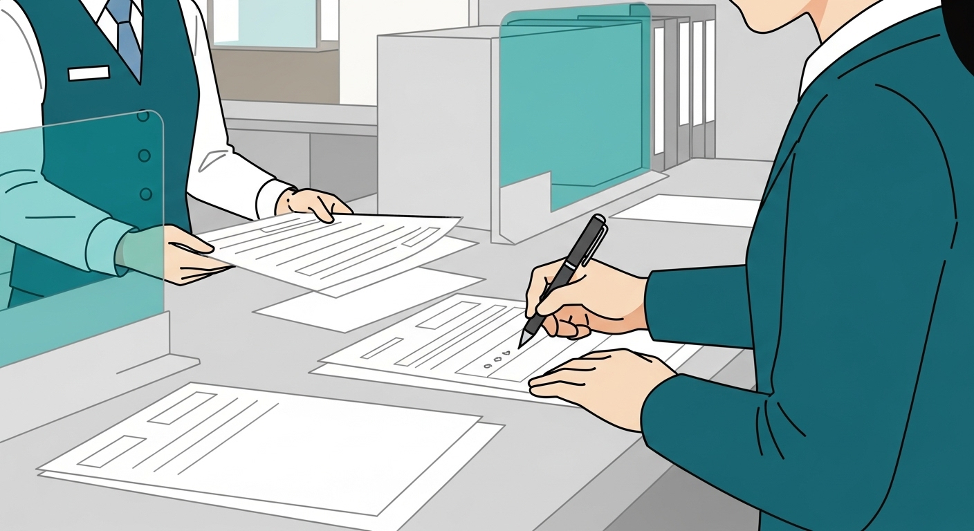 지자체 사무실에서 필요한 서류를 작성하며 재난지원금을 신청하는 모습.