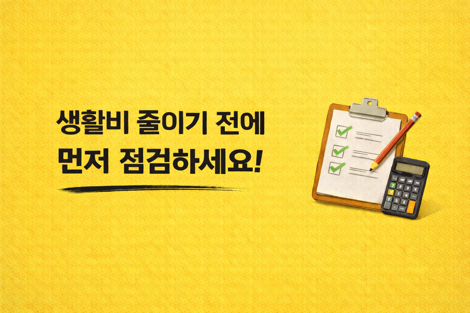 노란 배경 위에 &lsquo;생활비 줄이기 전에 먼저 점검하세요!&rsquo;라는 검정색 문구와 체크리스트, 계산기 일러스트가 있는 대표 이미지