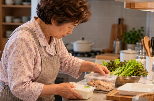 주방 조리대에서 상추와 두부, 남은 닭고기를 꺼내 식사를 준비하는 70대 엄마