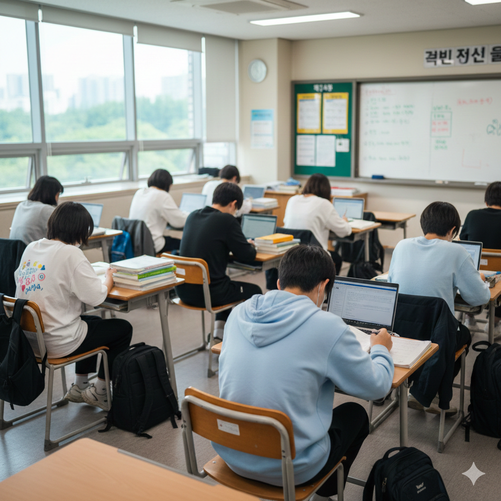 교실에서 공부하는 학생들의 뒷모습