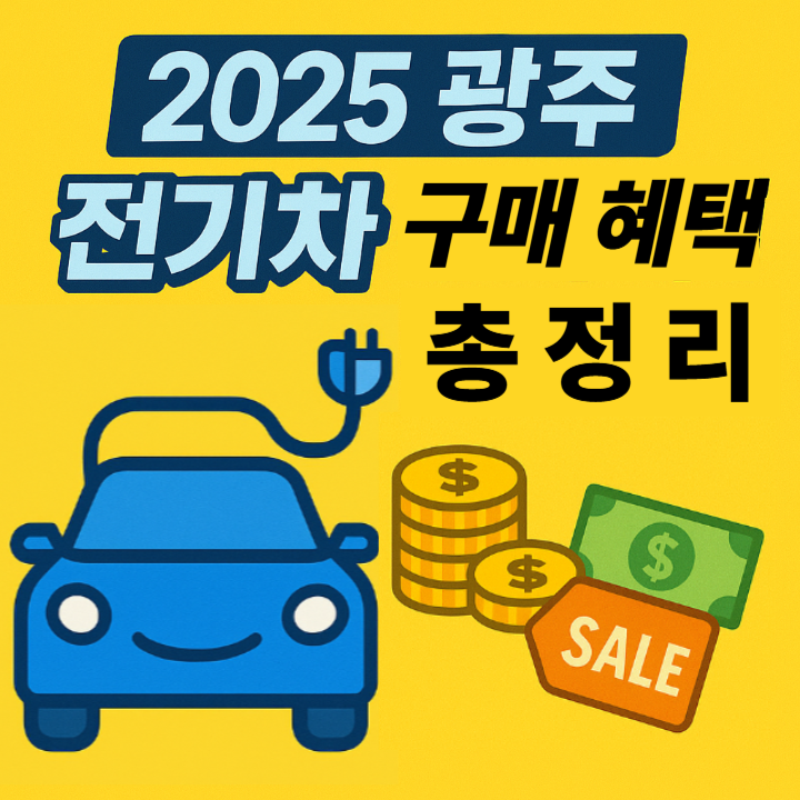 2025년 광주 전기차 구매 혜택을 알리는 노란색 배경의 인포그래픽 이미지. 파란색 전기차 아이콘과 함께 '2025 광주 전기차 구매 혜택 총정리'라는 문구가 강조되어 있고, 옆에는 동전, 세일 태그, 지폐 등 보조금과 할인 혜택을 상징하는 아이콘들이 배치되어 있음