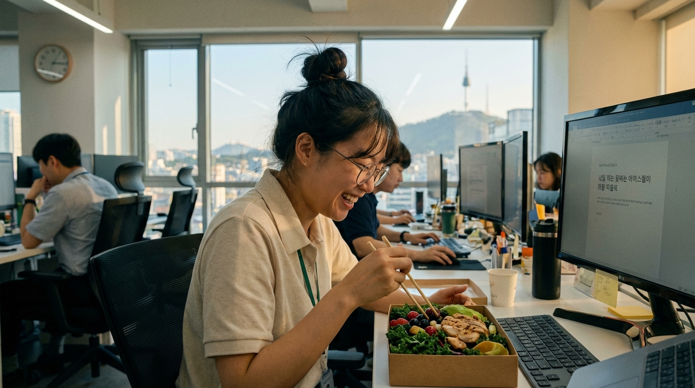 한국 직장인이 사무실 책상에서 건강한 다이어트 식단을 웃으며 먹고 있는 모습