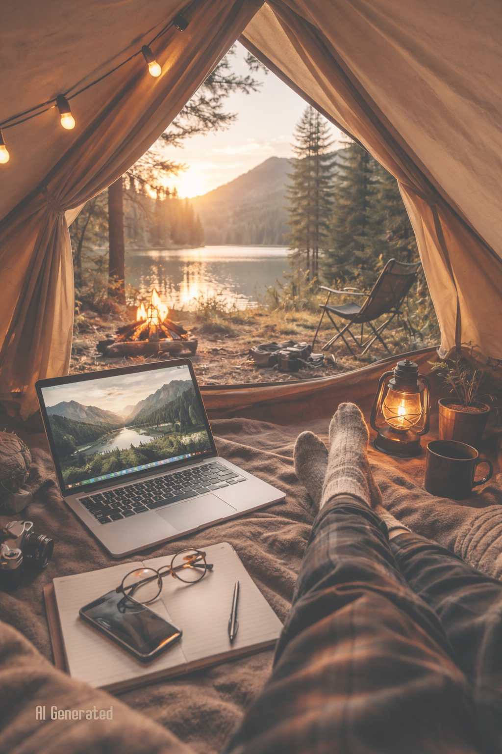 노트북이 놓인 텐트 안에서 캠프파이어와 호수를 바라보는 장면, 아날로그 감성과 디지털 환경이 공존하는 휴식의 풍경