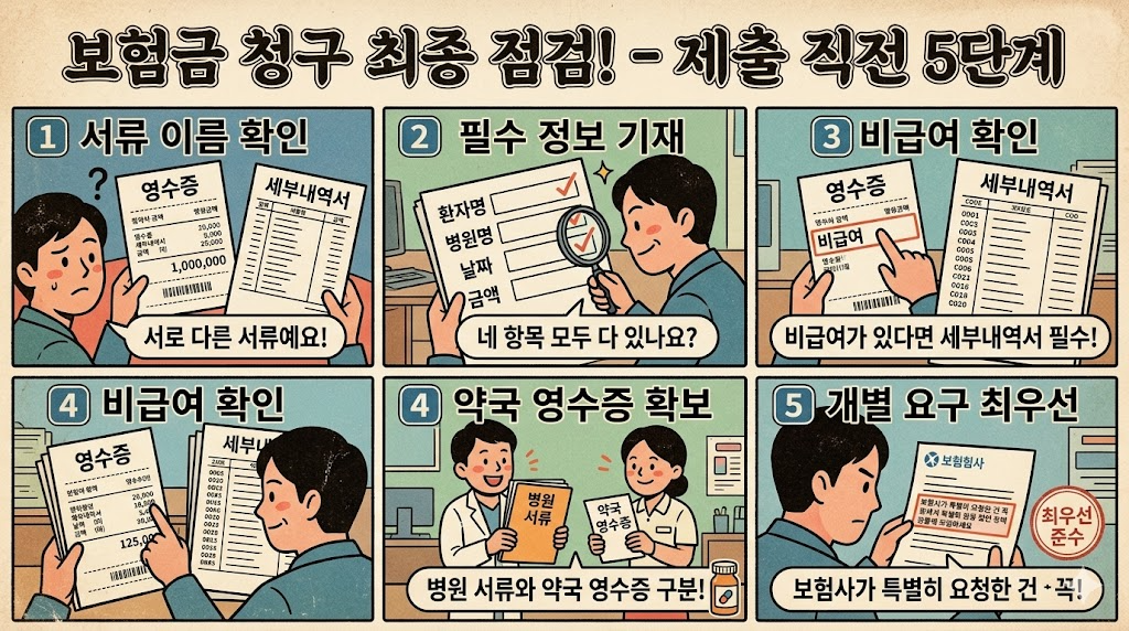 보험금 청구 제출 직전 5단계 최종 점검 과정 인포그래픽