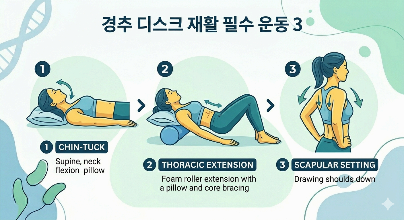 목 디스크 경추 추간판 탈출증 재활 필수 운동 3종 턱당기기 흉추신전 견갑골하강 후인 동작 인포그래픽