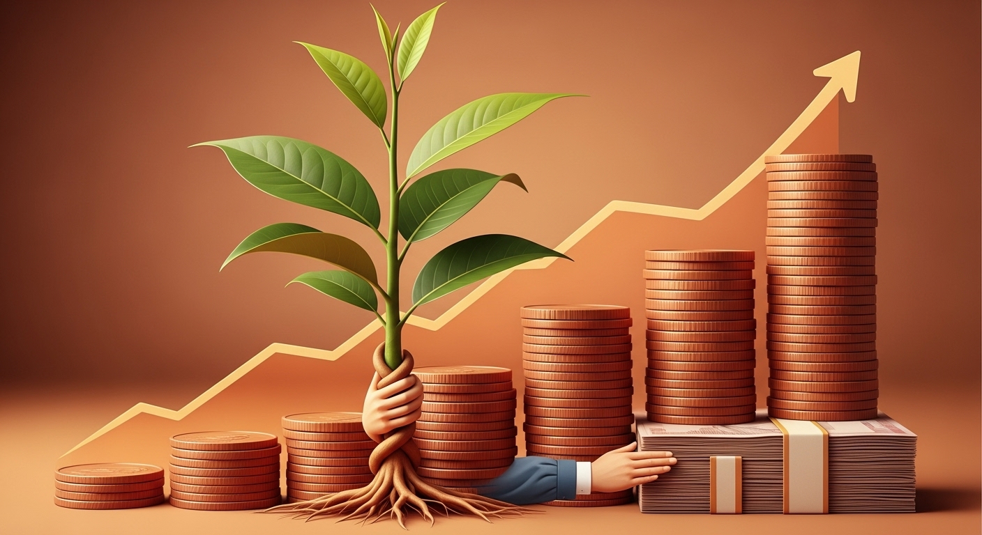 자산이 성장하고 금융 안정성을 상징하는 돈뭉치와 그래프, 정부 지원을 나타내는 손길이 어우러진 이미지
