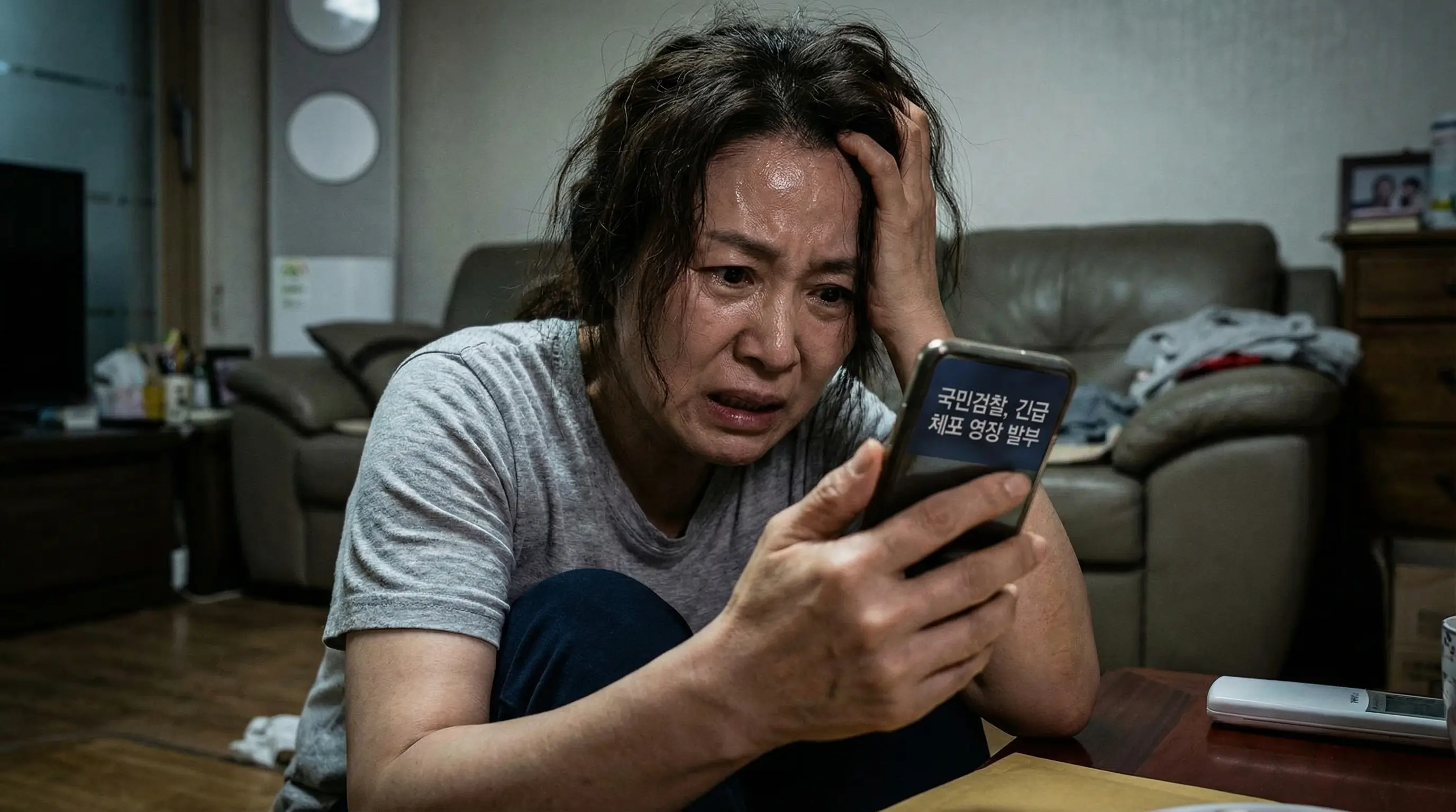 보이스피싱 문자를 받고 당황한 사람이 스마트폰을 들고 고민하는 긴박한 모습