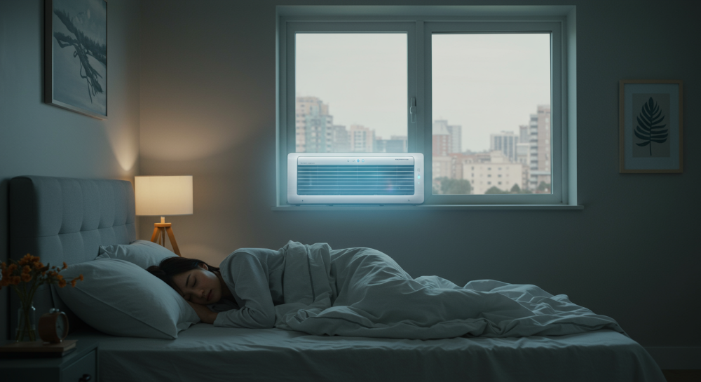 창문형 에어컨 소음 문제 해결 후 숙면을 취하는 사람의 모습, 조용한 여름 밤, 저소음 에어컨의 편안함.