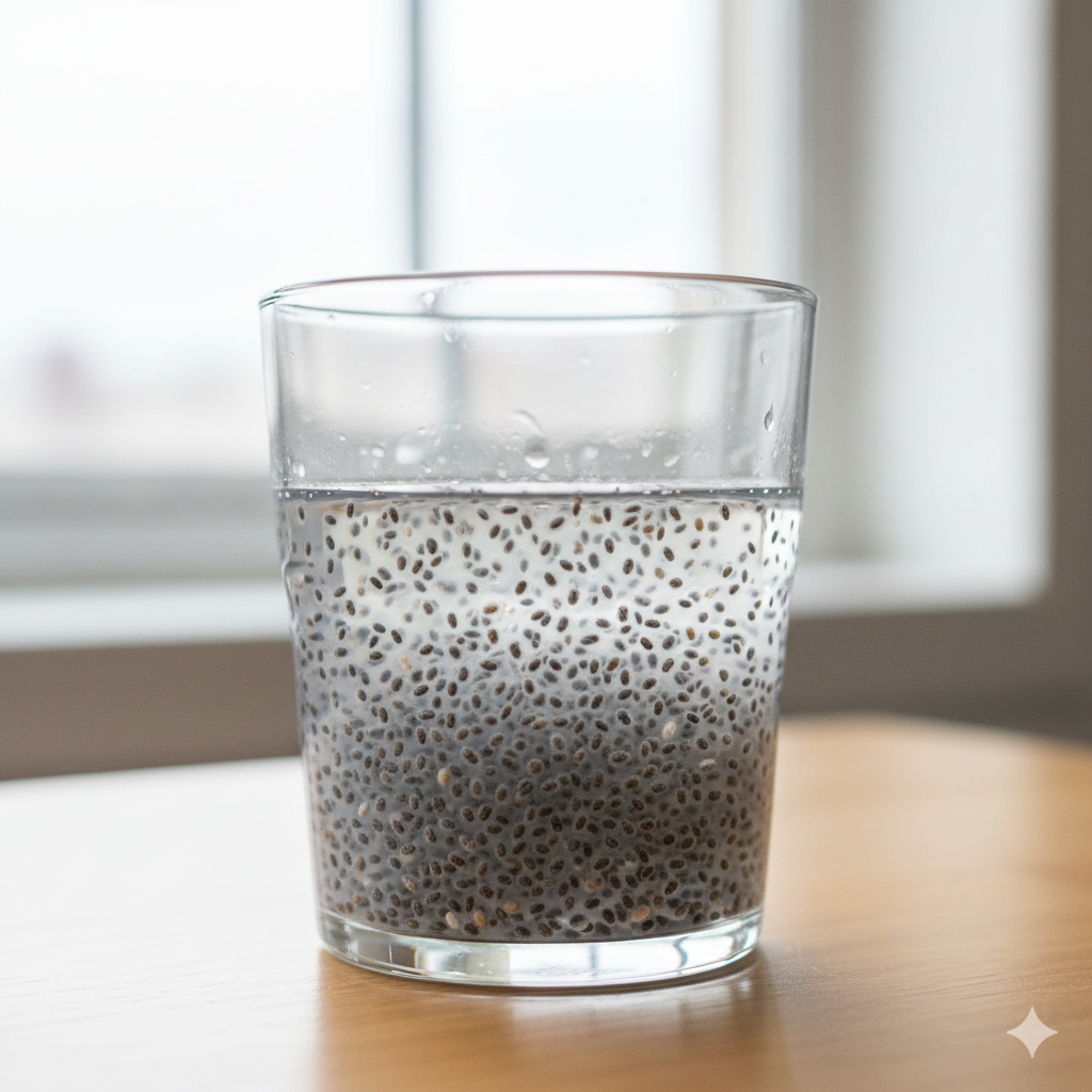 물에 불어나 투명한 젤리 막으로 감싸진 개구리알 같은 질감의 치아씨드