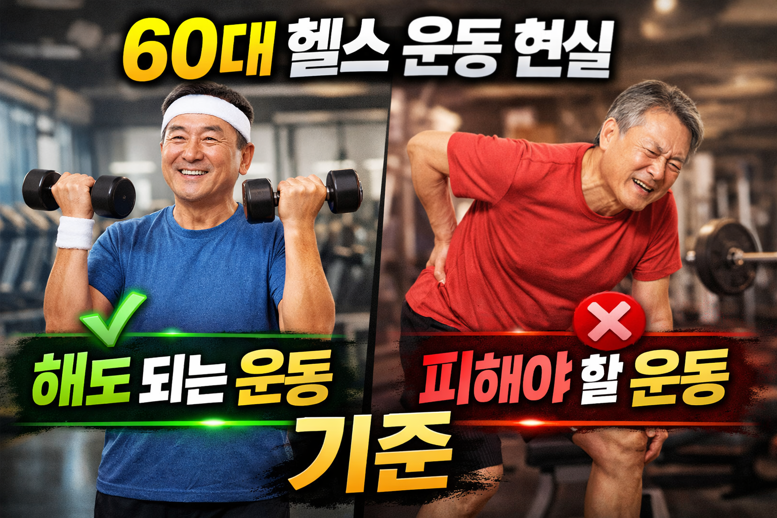 60대 헬스 운동 현실에서 안전한 근력운동과 무리한 운동을 비교해 보여주는 기준 설명 이미지