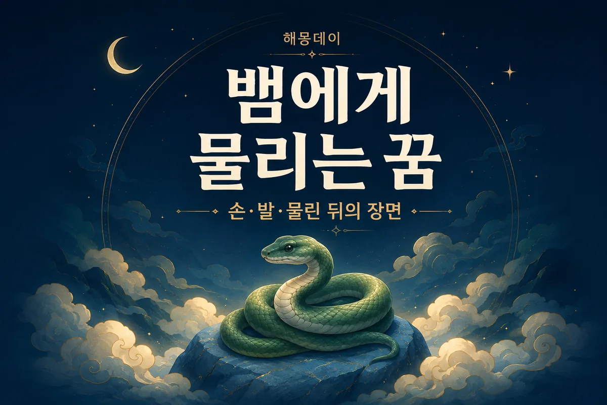 해몽데이 뱀에게 물리는 꿈, 손&middot;발&middot;물린 뒤의 장면 문구와 바위 위 초록 뱀이 있는 썸네일
