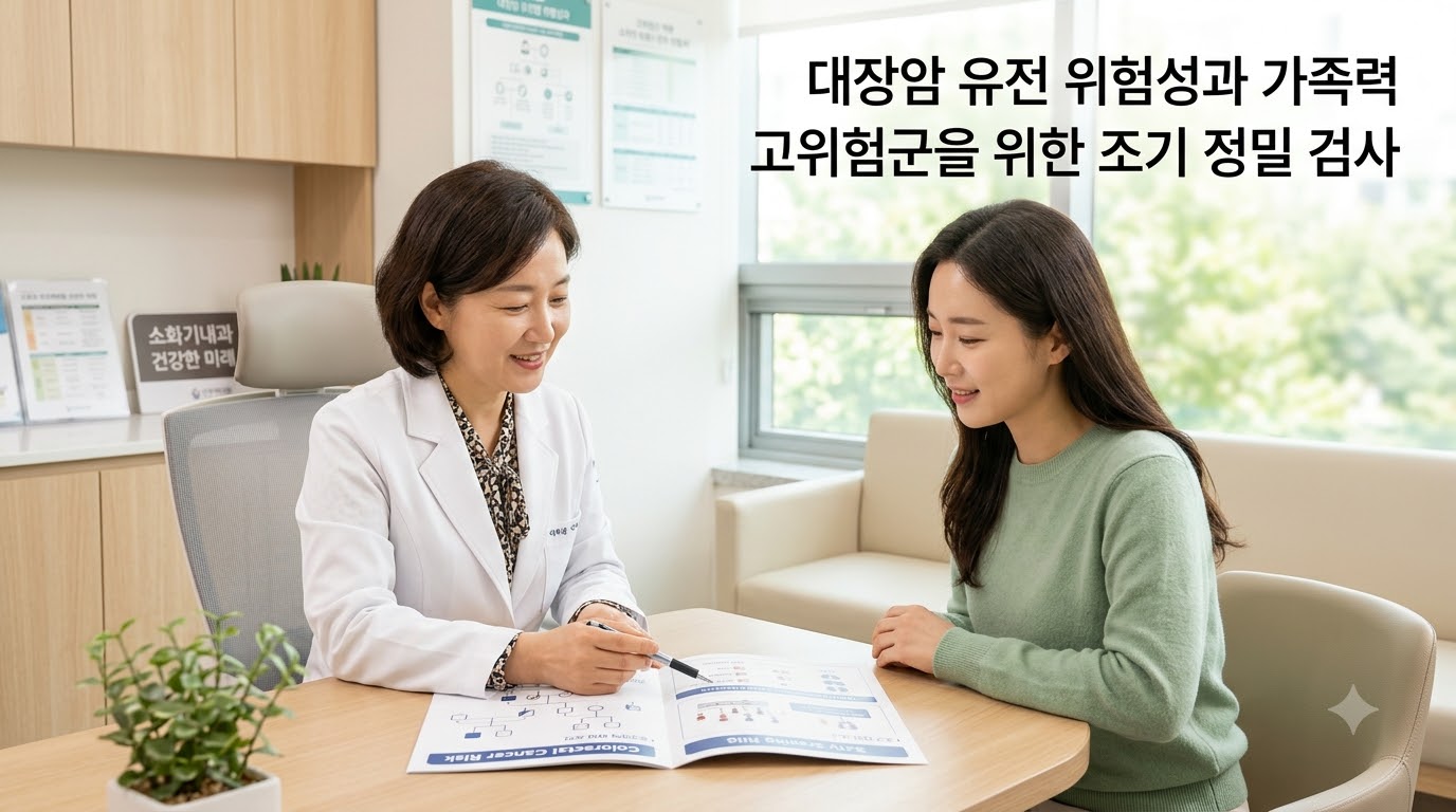 햇살이 은은하게 비치는 아늑하고 신뢰감 주는 진료실에서 의사와 환자가 차분하고 밝은 표정으로 대장암 가족력에 따른 맞춤형 정밀 대장내시경 검진 계획을 상의하고 있는 모습. '대장암 유전 위험성과 가족력', '고위험군을 위한 조기 정밀 검사'라는 문구가 적혀 있어, 가족력이 있는 고위험군의 조기 스크리닝과 예방의 중요성을 시각화함.