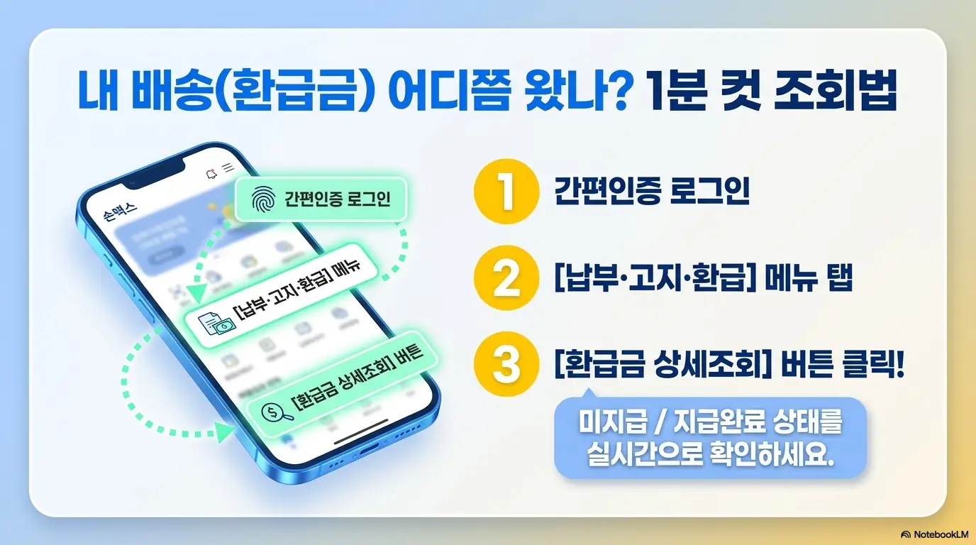 종합소득세 환급일: 손택스 앱에서 간편인증 로그인 후 납부·고지·환급 메뉴를 거쳐 환급금 상세조회 버튼을 클릭하는 3단계 경로를 스마트폰 화면으로 보여주는 인포그래픽 이미지. 이 이미지는 홈택스 환급금 조회 방법을 시각적으로 전달하며, 블로그의 종합소득세 환급금 조회 단계별 안내와 관련된 내용을 설명함