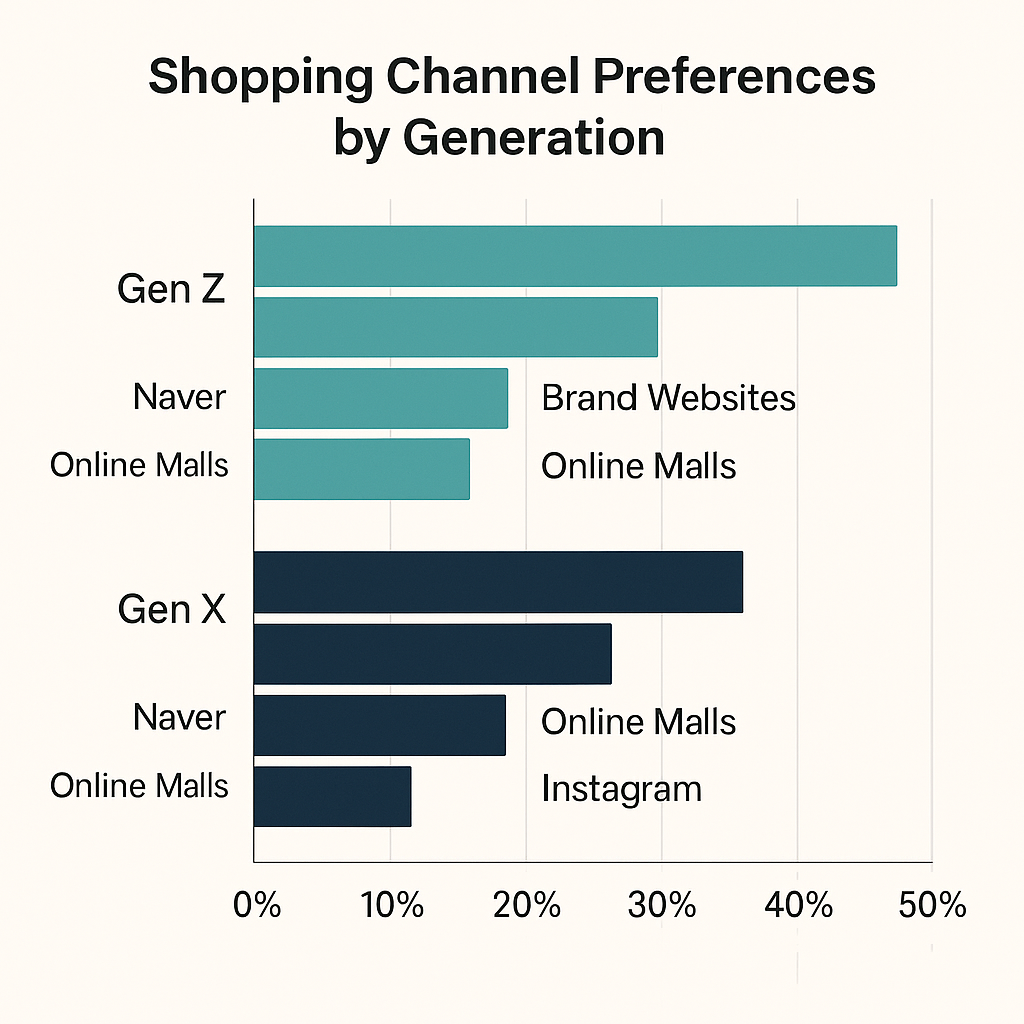 세대별 쇼핑 채널 선호도 비교 그래프
Z세대와 X세대 구매 채널, 네이버 vs 인스타 쇼핑