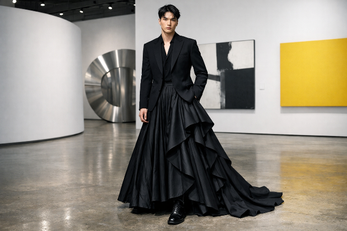 로에베와 릭 오웬스의 미학이 반영된 아방가르드한 남성 플리츠 스커트 스타일링.