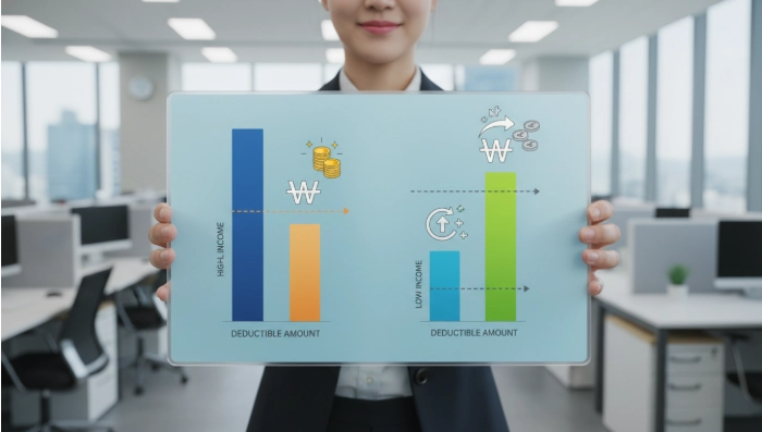 총급여액에 따른 의료비 및 신용카드 공제 문턱을 시각적으로 비교하여 연봉이 낮은 배우자에게 공제가 유리할 수 있음을 보여주는 한국인 직장인의 손 안의 그래프.