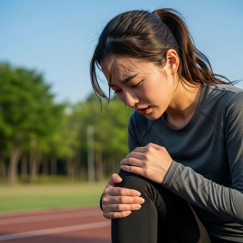 러닝 중 무릎 통증을 호소하는 모습