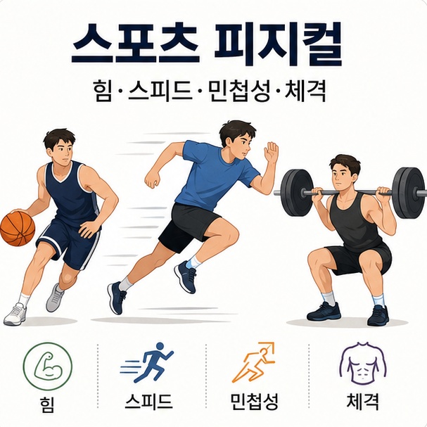 스포츠에서 힘과 스피드, 민첩성, 체격 등을 포함해 피지컬이 좋다고 표현하는 의미를 정리한 이미지