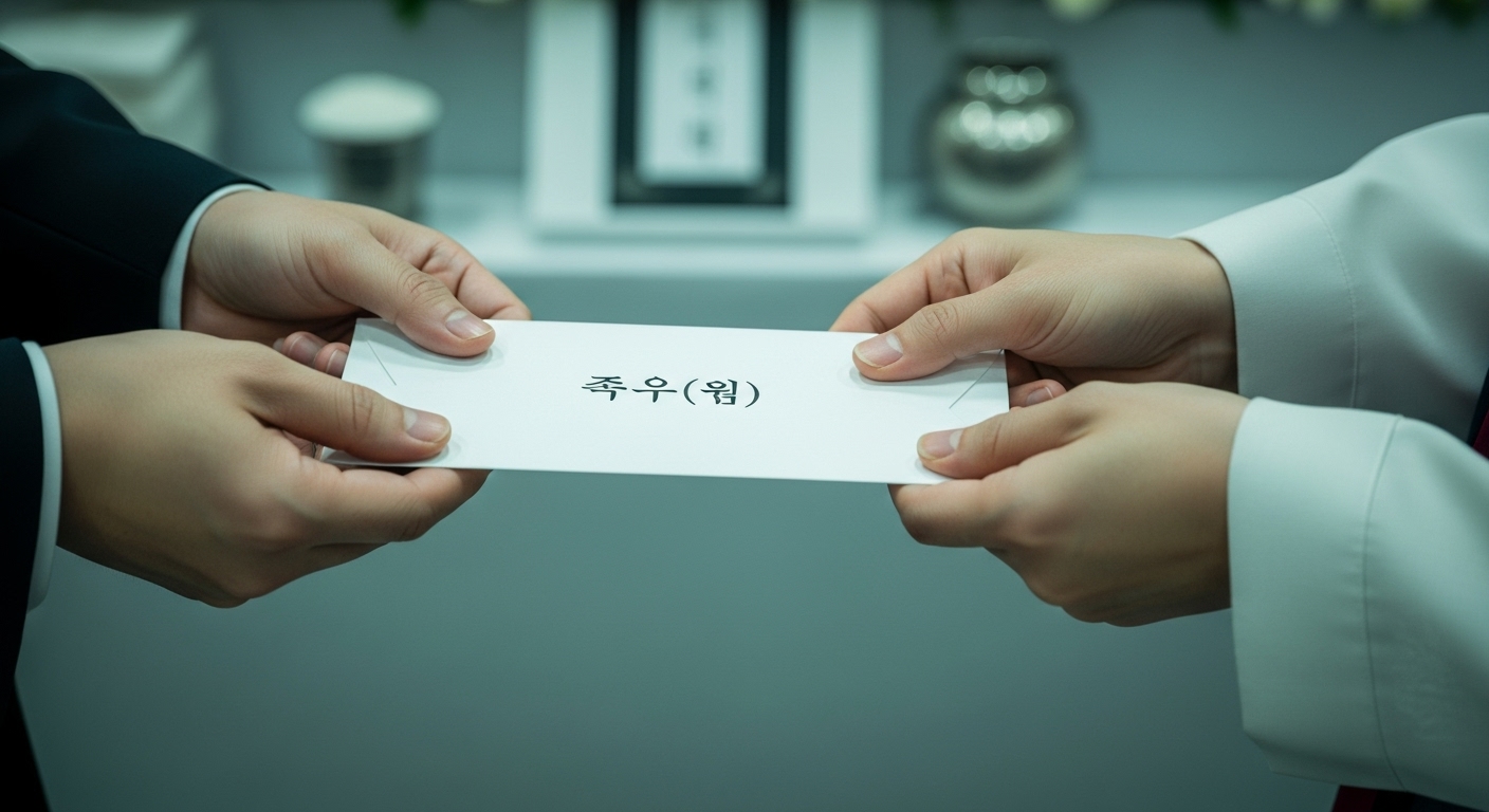 봉투에 '부의' 또는 '조의'가 적힌 조의금을 정중하게 건네는 손의 모습