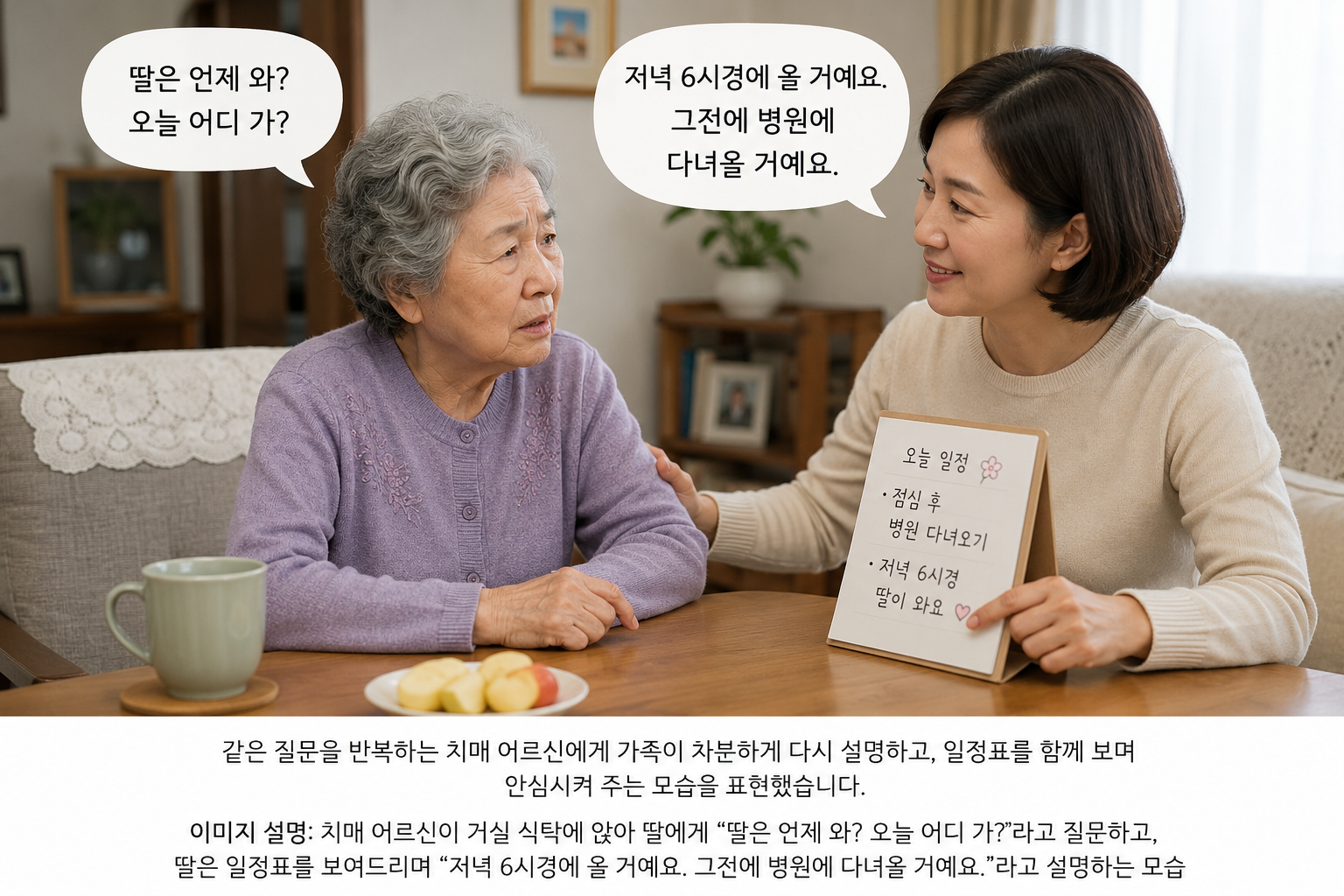 같은 질문을 반복하는 치매 어르신에게 가족이 일정표를 보여주며 차분하게 설명하는 모습
