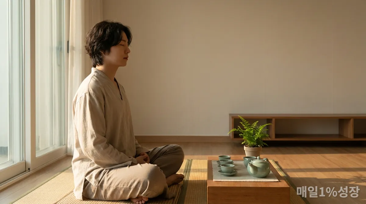 차분하게 명상하며 스트레스를 관리하는 한국인의 모습