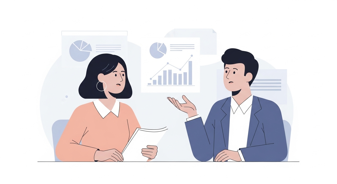질문자와 답변자가 서류를 놓고 대화를 나누는 장면 1