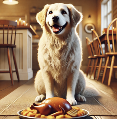 강아지가 음식 앞에서 웃고 있다