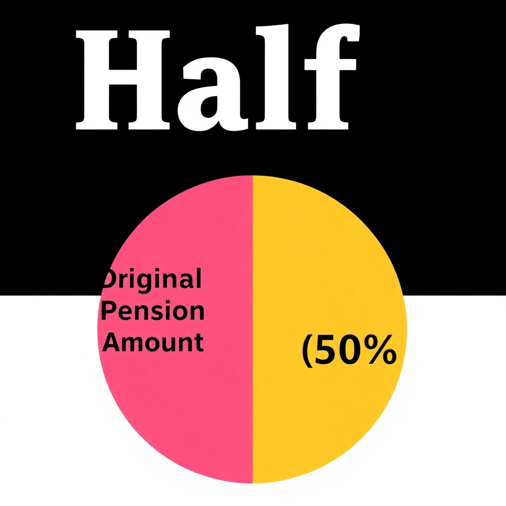 원형 차트나 파이 그래프가 반으로 나뉘어 있고, 한쪽은 '원래 연금액', 다른 한쪽은 '최대 감액 가능 금액 (50%)'으로 표시됩니다. 그 위에 '절반' 또는 '1/2'이라는 숫자를 크게 강조합니다.