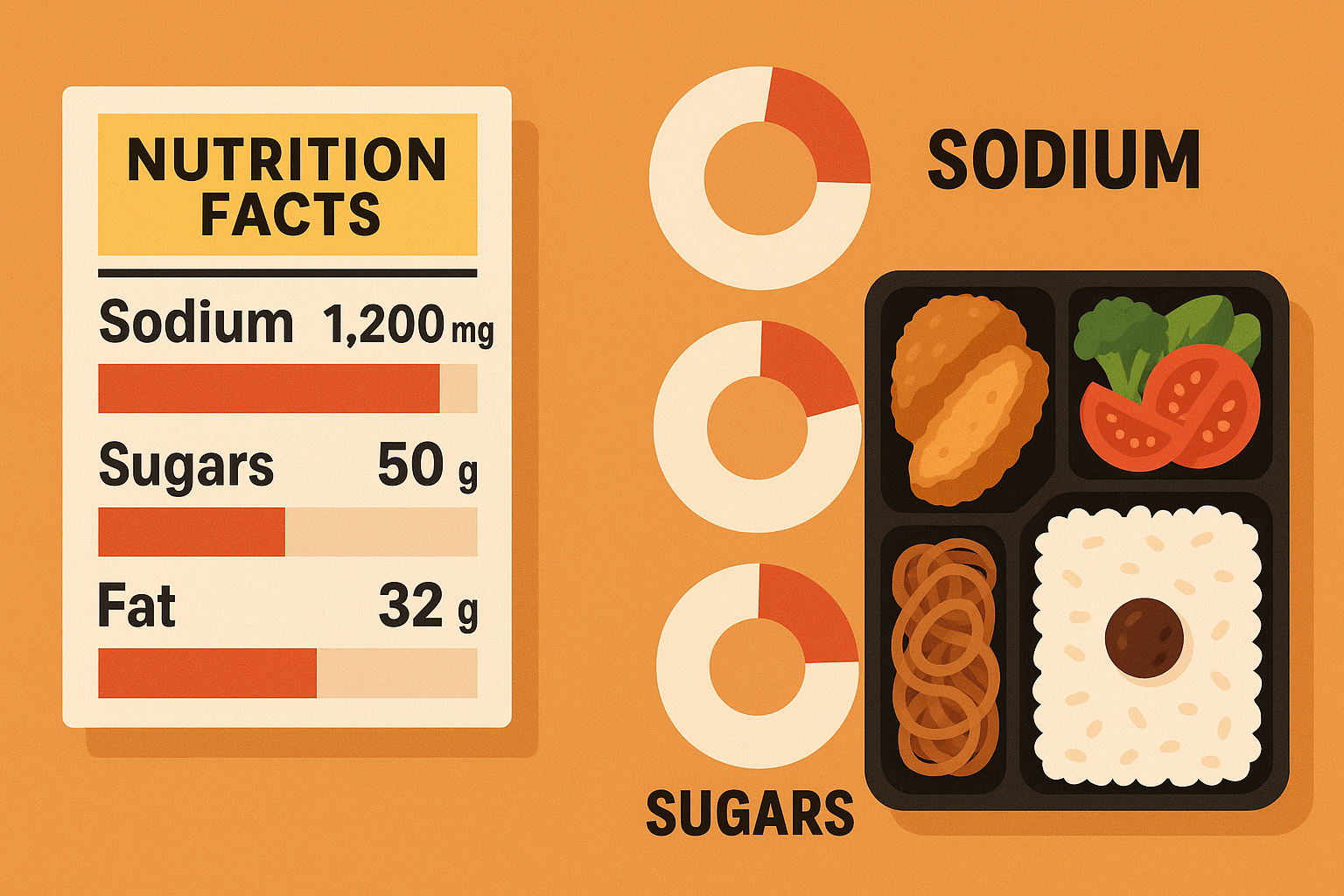 편의점 도시락의 영양 성분 비교 그래픽 – 나트륨과 당류, 지방의 과다 섭취를 시각화한 일러스트