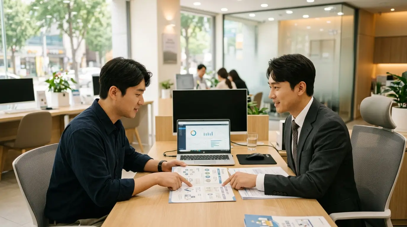 금융 지원 플랫폼을 통해 저금리 대환 대출 한도를 진단받고 안도하는 30대 남성 직장인의 모습