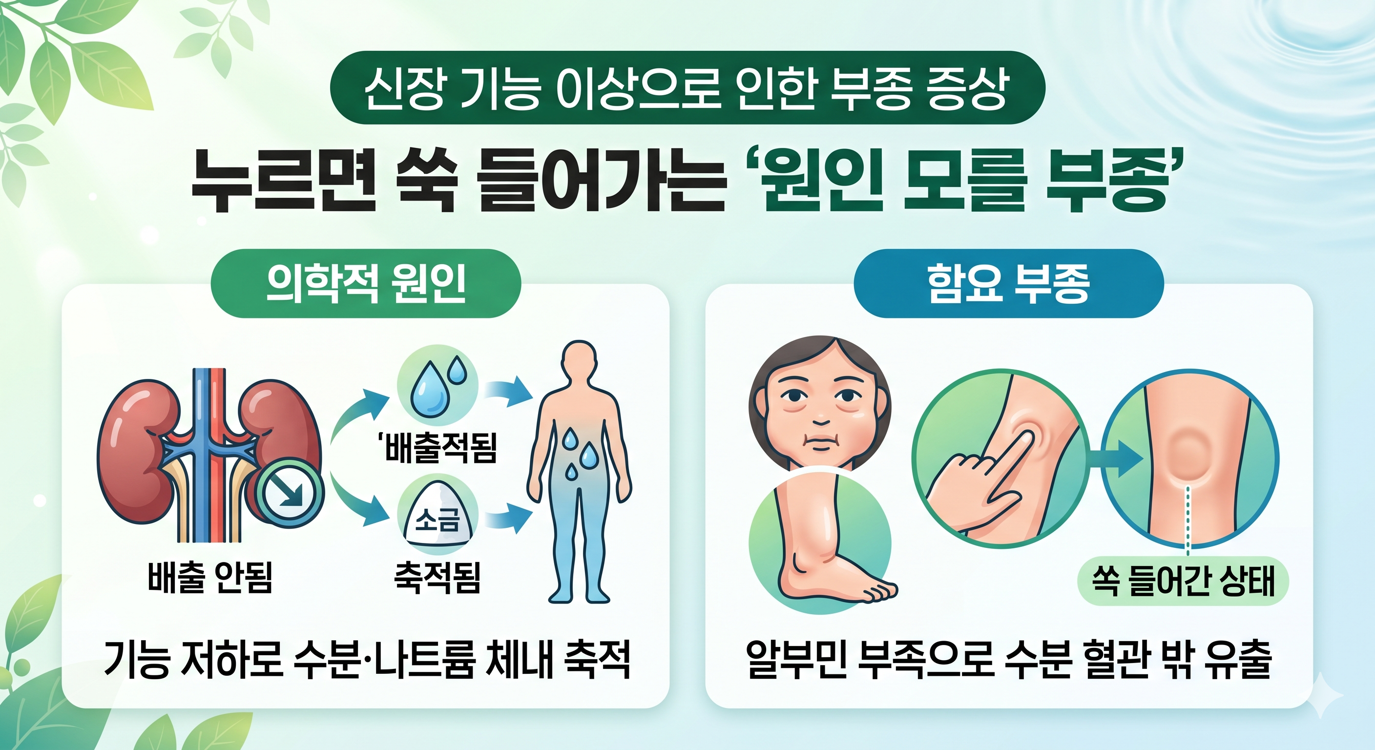 신장 기능 저하로 수분, 나트륨이 체내에 쌓여 부종 야기