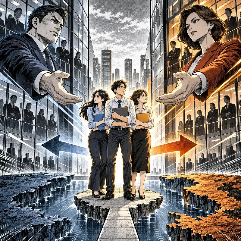 A small office team caught between two powerful rival departments in a modern manga illustration