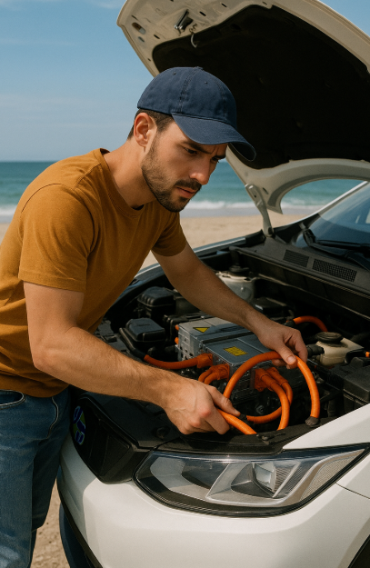 전기차 베터리 점검하는 사진