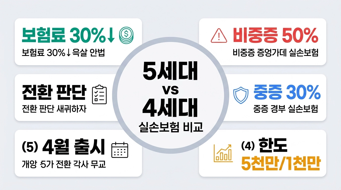 5세대 실손보험과 4세대 실손보험 보장 보험료 자기부담률 핵심 비교 인포그래픽
